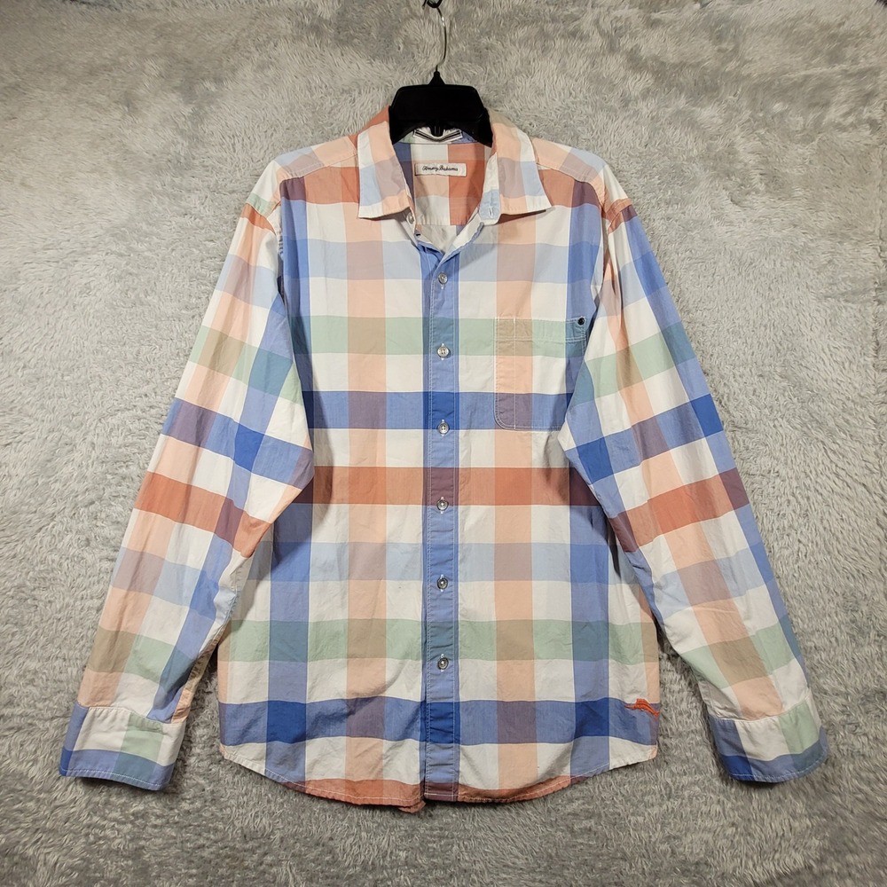 Tommy Bahama Mens Large Plaid Long Sleeve Button Up Shirt Cotton Casual